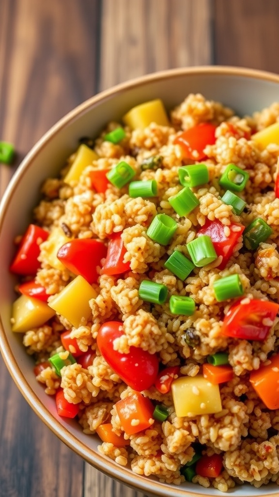 A hearty bowl of quinoa jambalaya with vegetables, garnished with green onions, on a rustic table.